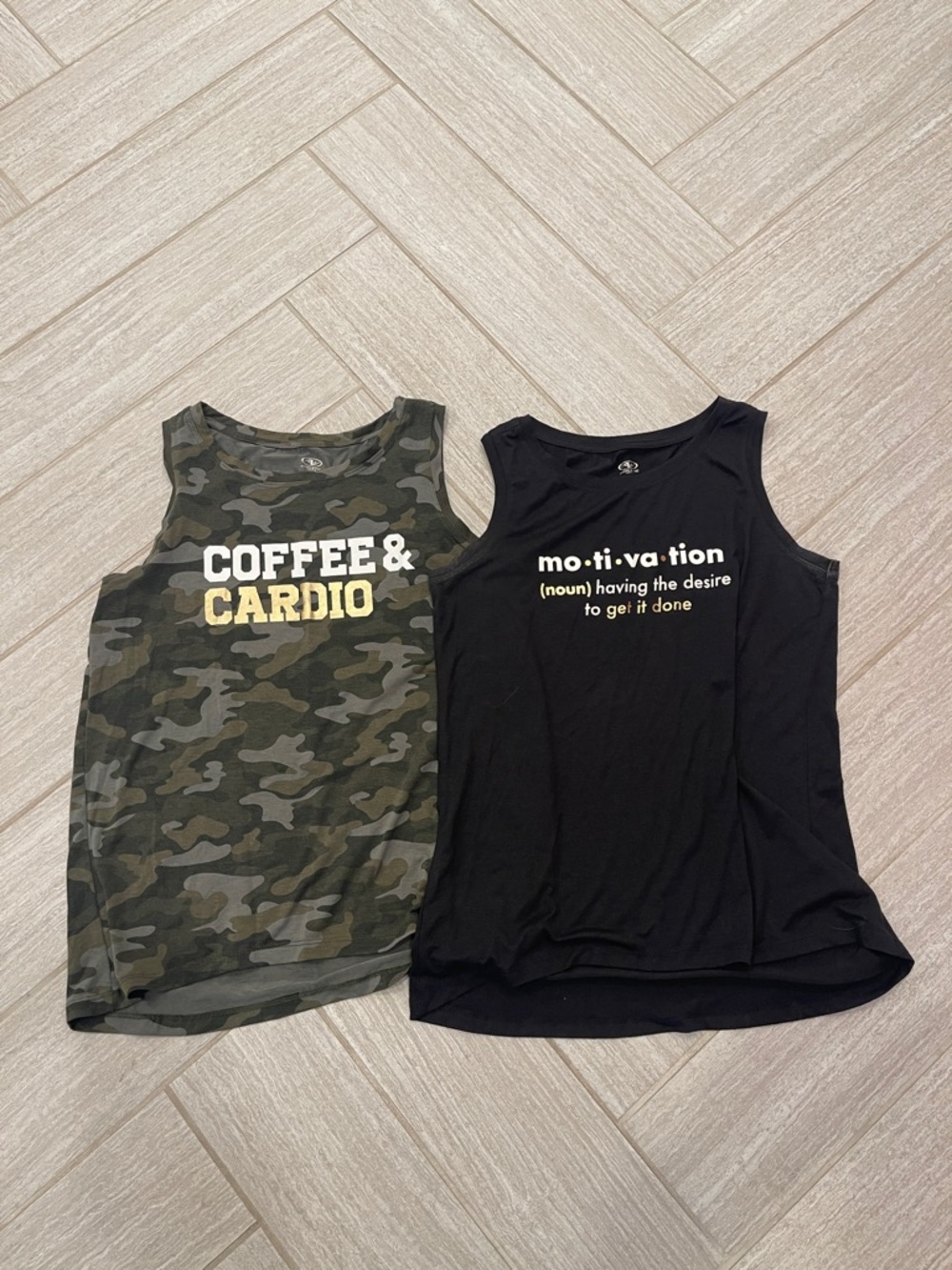 Two Women’s Graphic Tank Tops - Camo "Coffee & Cardio"